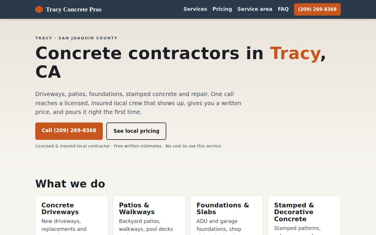 Tracy Concrete Pros homepage